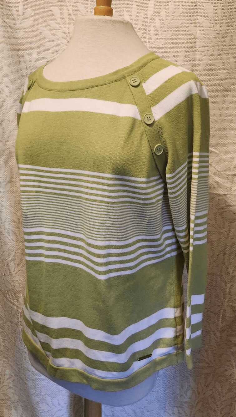 F07 Collection L green & white striped sweater with button accents long sleeves